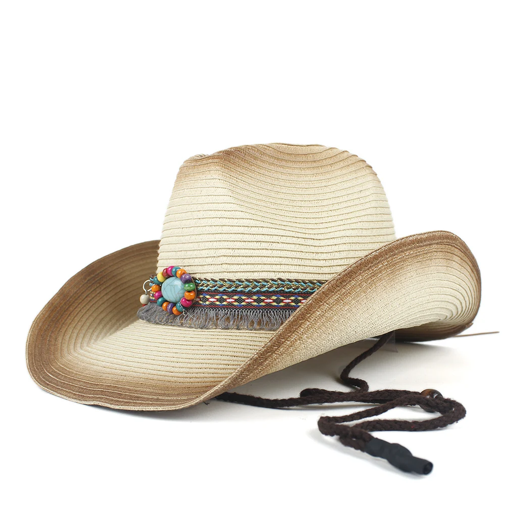 Western Cowboy Hat Women Summer Straw Bohemian Tassel Sombrero Hombre Beach Cowgirl Jazz Sun Size 57-59CM | Аксессуары для одежды