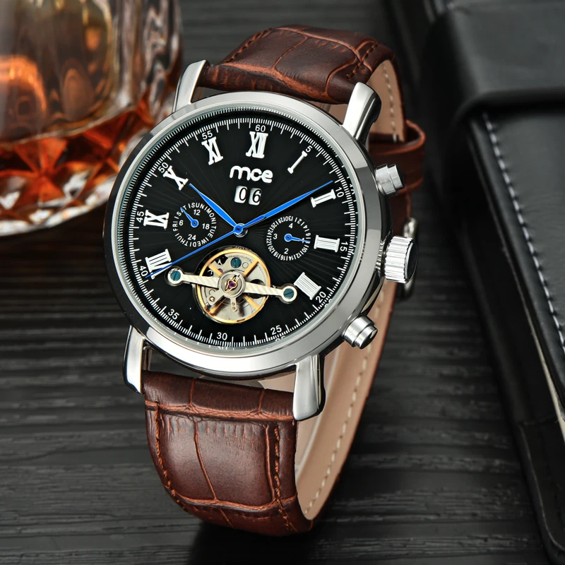 Новинка 2017 года MCE фирменные Для мужчин часы Гент Черный Tourbillon Дата Винтаж