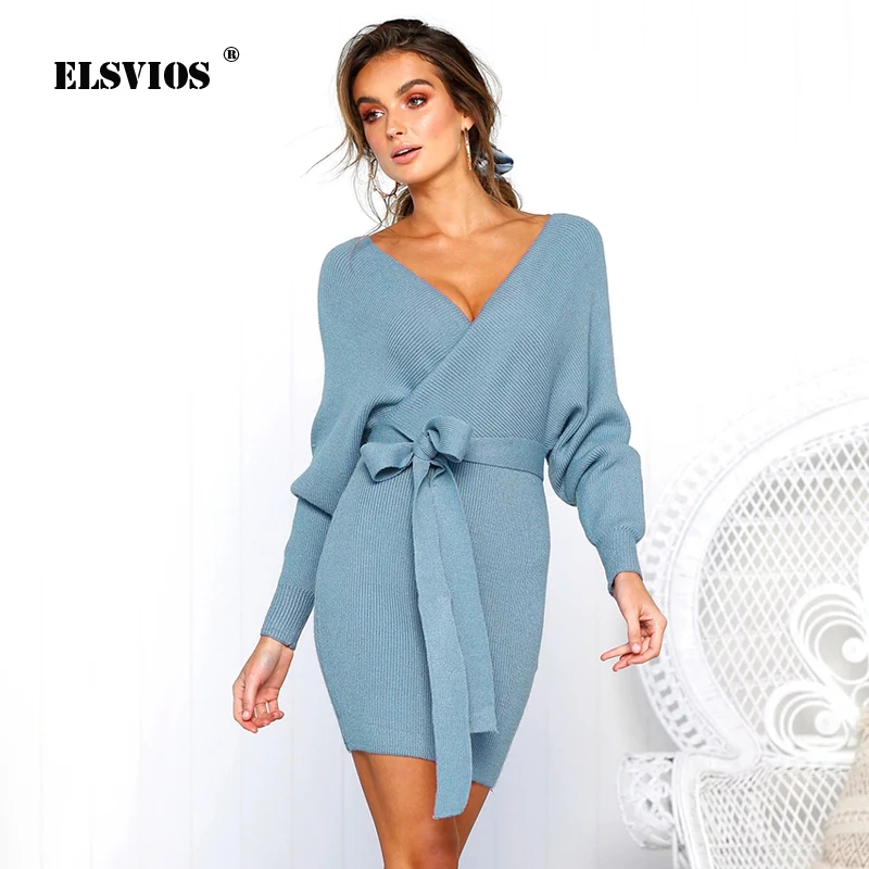 ELSVIOS женские ленты в стиле ампир Платье-футляр 2018 осень зима вязаное платье