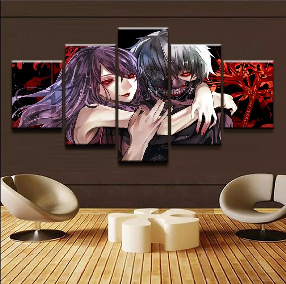 Picture Prints Home Decor Canvas Anime Tokyo Ghoul Poster 5 Pieces Ken Kaneki Rize Kamishiro Paintings Wall Art Framework | Дом и сад
