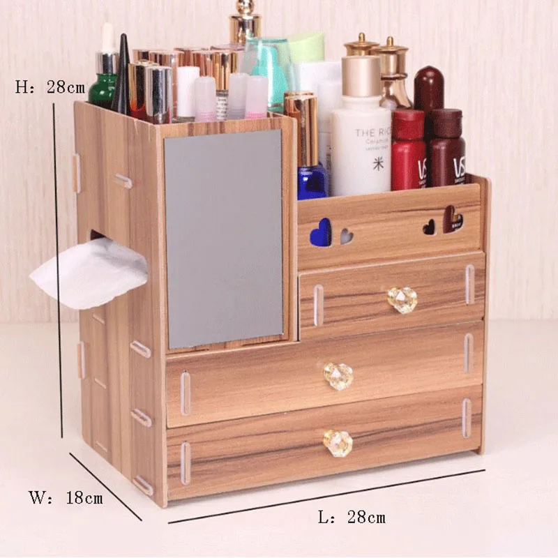 1PCs Large Capacity DIY Wooden Makeup Storage Box With Mirror Jewelry Container Drawer Organizer Cosmetic | Дом и сад