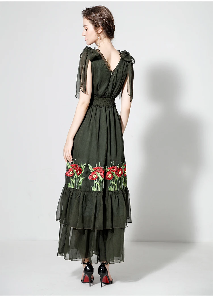 Лето 2017 г. женские Высокое качество темно зеленый Роскошные платья дамы оборками