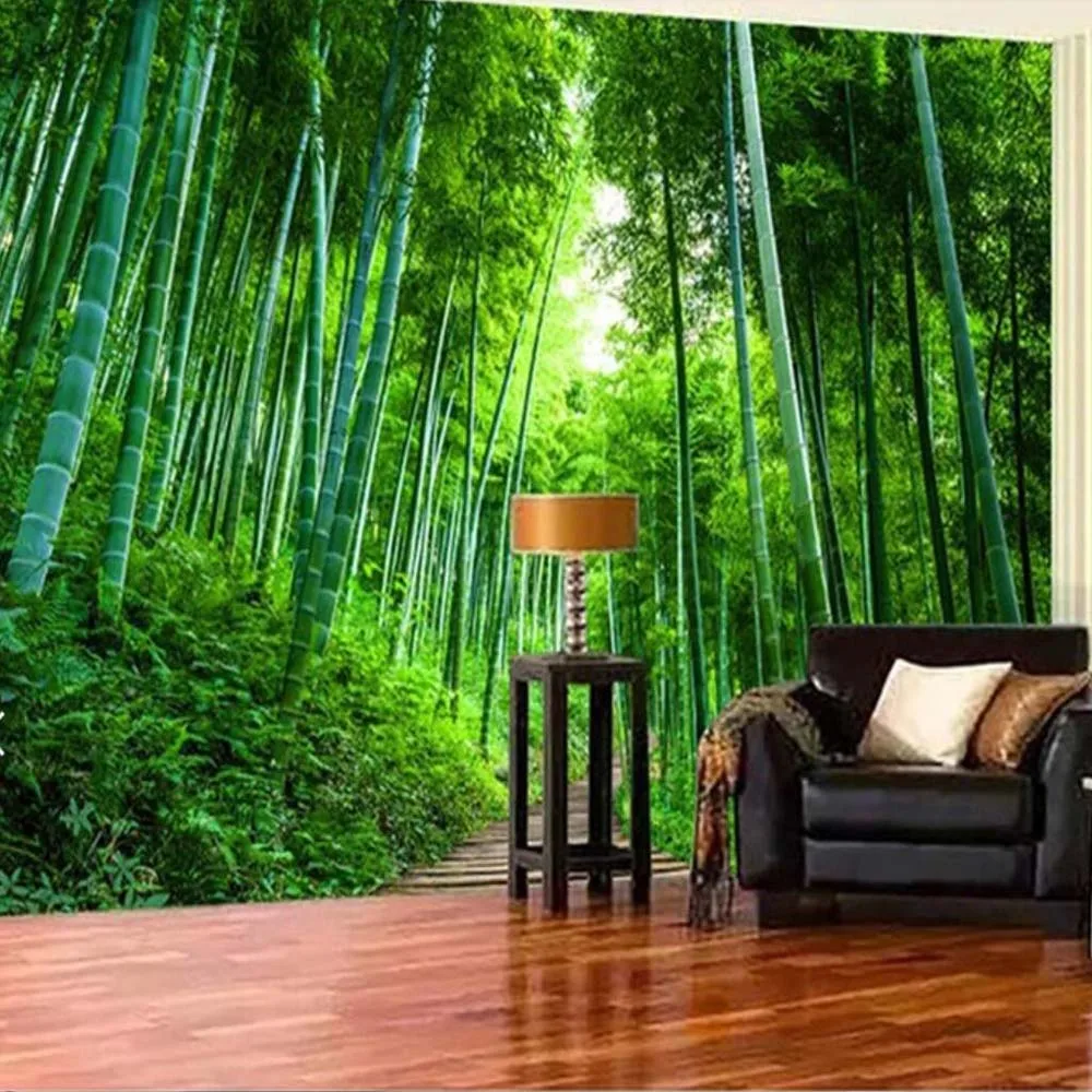 3D Bamboo Brove Mural Nature Green Forest Tree Photo Wallpaper HD Printed Wall Papers Roll for Restaurant Shop Living Room