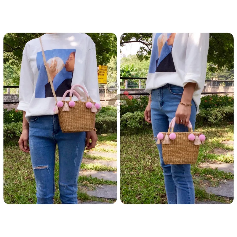 Пляжная Соломенная Корзина сумка тоут большая летняя мешок с кисточками и