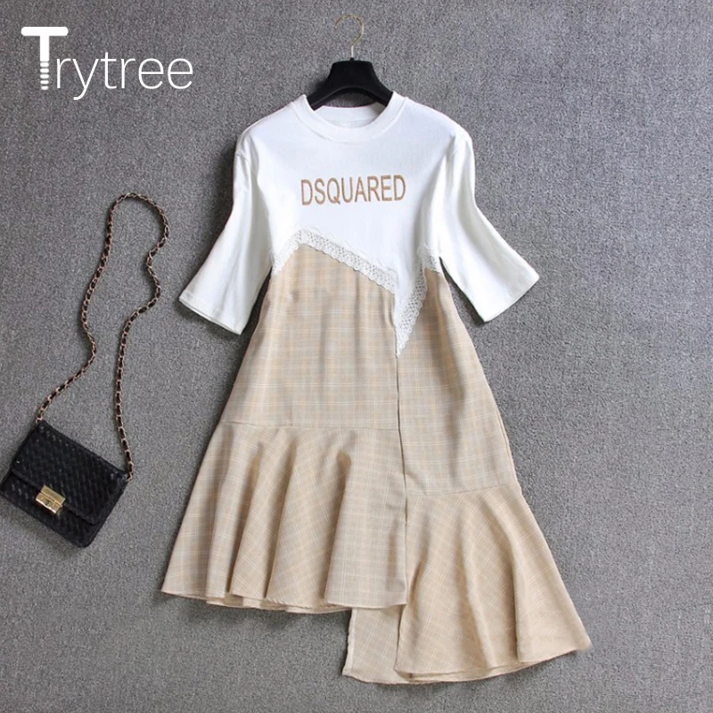 Trytree летнее платье женское повседневное хлопковая Футболка Лоскутная кружевная