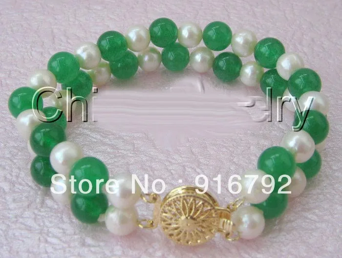 Браслет из белого жемчуга и нефрита 8 дюймов 2 ряда 7-8 мм | Украшения аксессуары