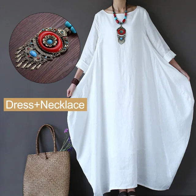 White and Necklace Хлопковое льняное женское платье макси размера плюс, однотонное белое весеннее винтажное платье с длинным рукавом и круглым вырезом, женское Повседневное платье Sukienki 5XL - Цвет: White and Necklace
