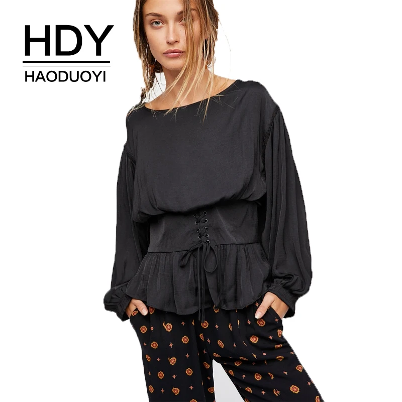 Женская блузка HDY Haoduoyi белая/черная с длинным рукавом|loose blouse|elegant topshirt women |