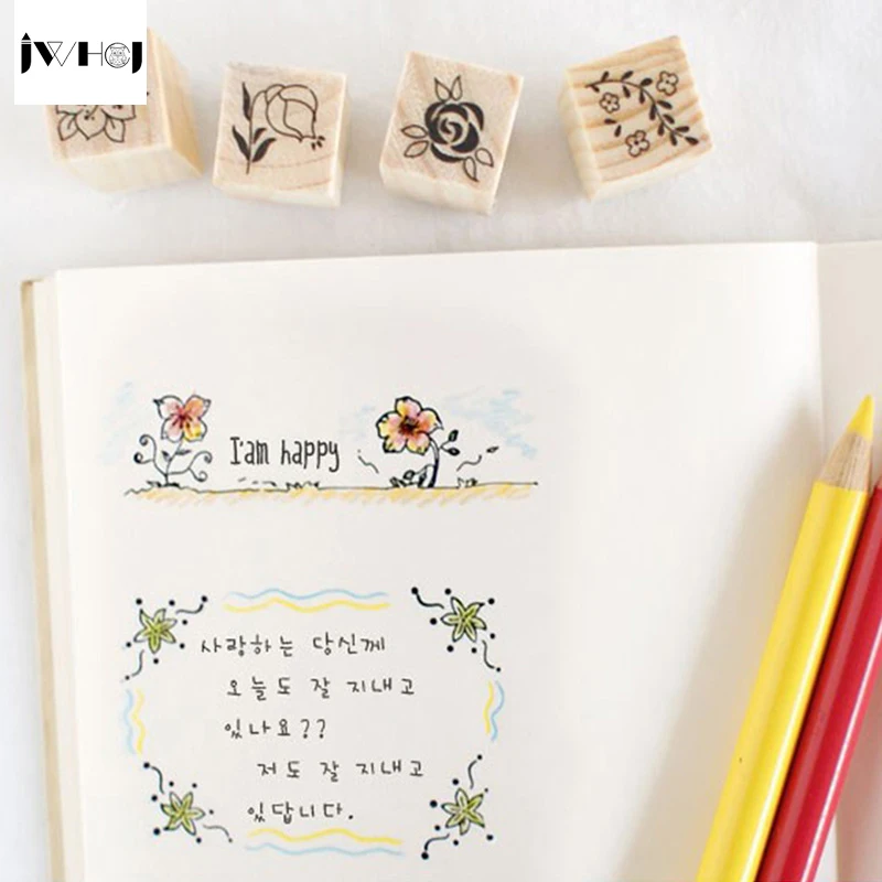 12 шт./компл. милый деревянный комплект резиновых штампов сделай сам с цветами и