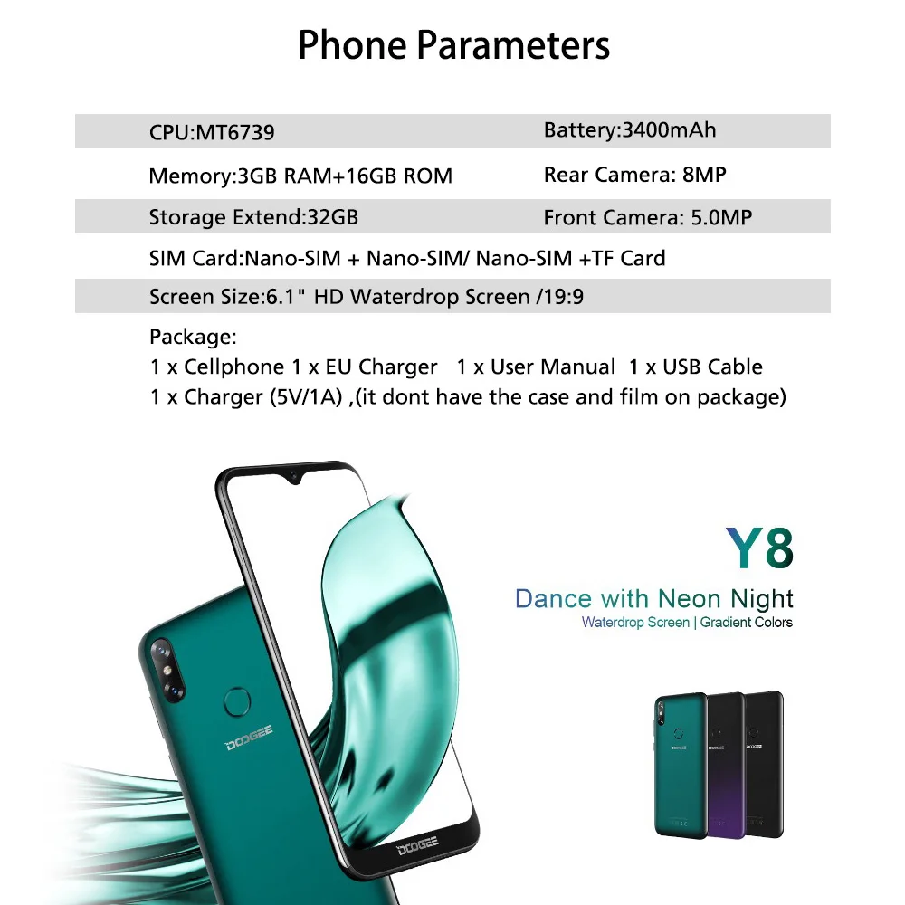 DOOGEE Y8 Android 9 0 MTK6739 четырехъядерный смартфон 6 1 дюймов FHD 19:9 8 Мп + 3 Гб 16 3400 мАч 4G LTE