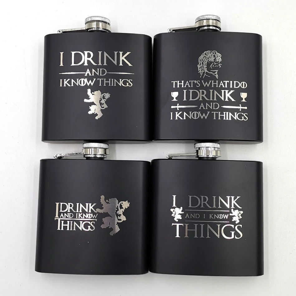 6 унций фляжка-Игра престолов "I Drink and I Know Things" с порошковым покрытием из нержавеющей стали steelLaser Выгравированная идея для фанатов GOT