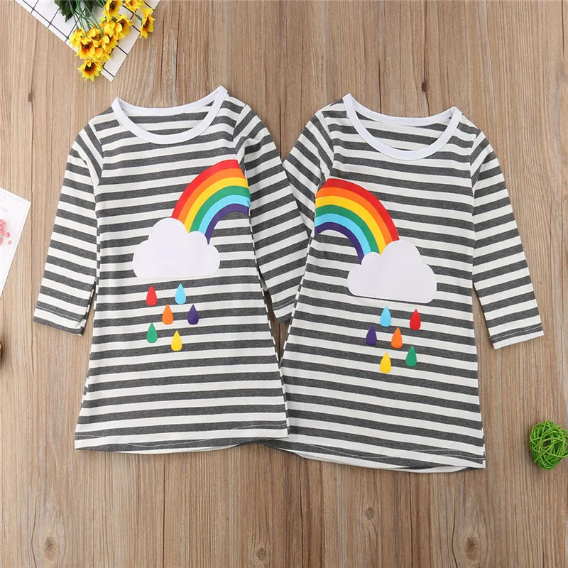 Toddler Baby Kids Girls Clothes Casual Long Sleeves Stripe Princess Party Dress Novelty Rainbow Sisters Twins Matching Outfits | Детская
