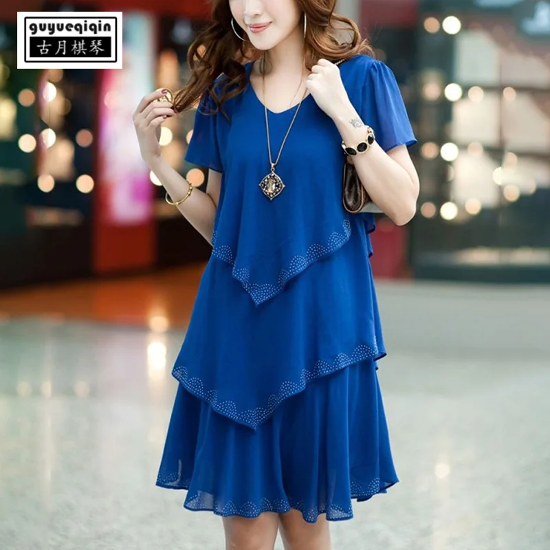Women Summer Chiffon Dress 2018 Cascading Ruffle Large Size Korean Slim Short Sleeve V-neck Plus 5XL Blue Black Dresses | Женские платья