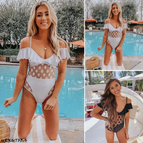 Женский цельный купальник в горошек сетчатый монокини пуш ап бикини с мягкими