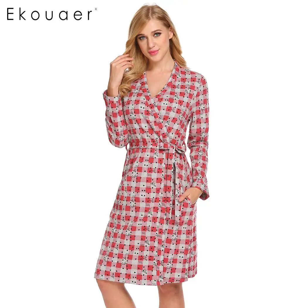 Ekouaer 100% хлопковый Халат женский халат ночная рубашка в клетку с длинным рукавом
