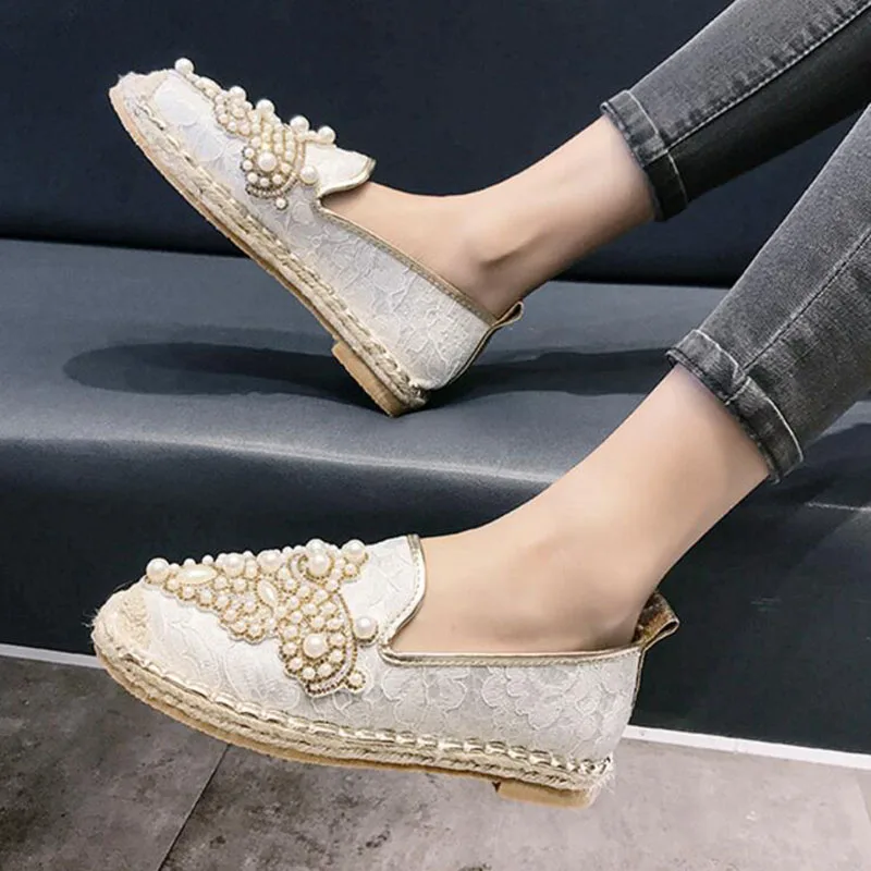 На плоской подошве пеньковая веревка в рыбацком стиле женские Жемчуг со стразами