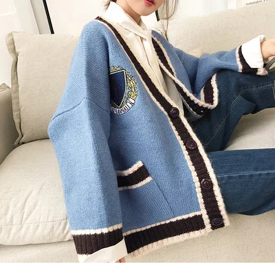 New 2020 Autumn Women Sweater Loose British Wind Badge Stitching Ladies V-neck Knit Cardigan Female SW810 |