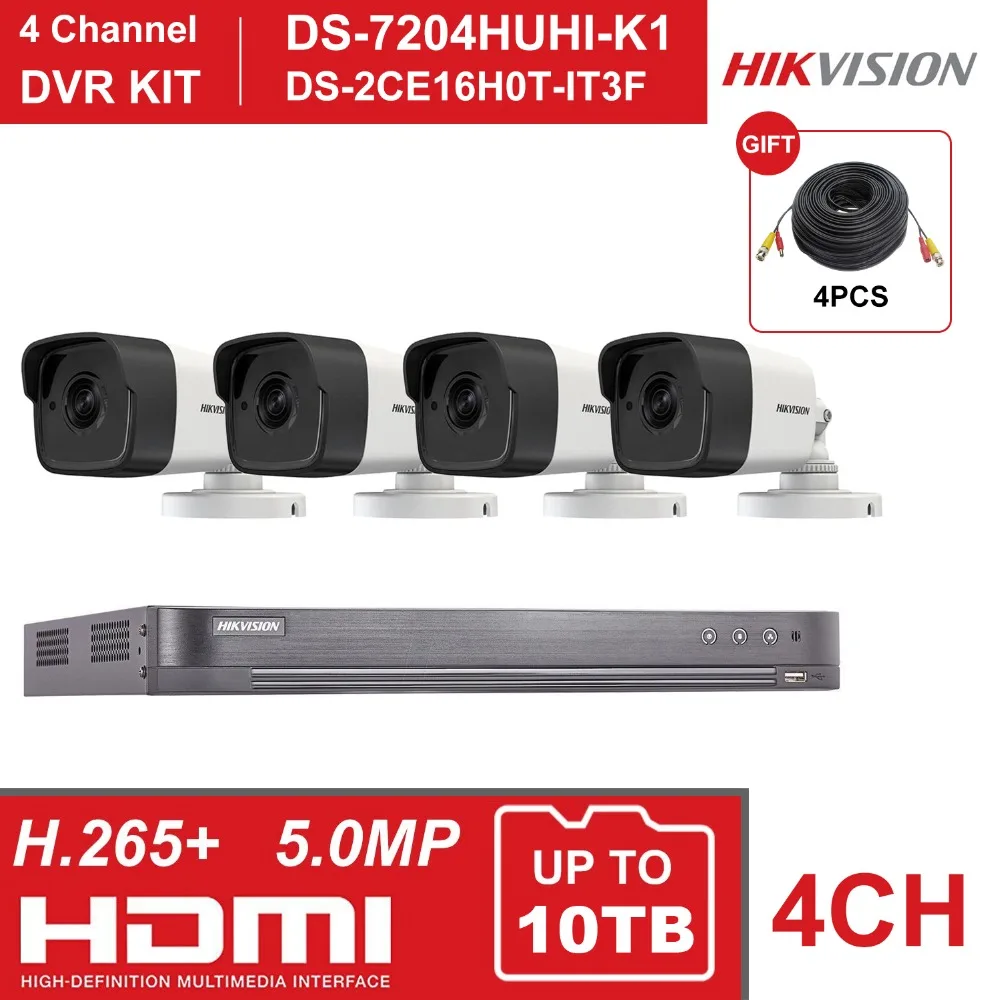 Hikvision 4CH DVR KIT 4 канала наблюдения видео Регистраторы DS-7204HUHI-K1 5MP пуля аналоговая камера для безопасности DS-2CE16H0T-IT3F
