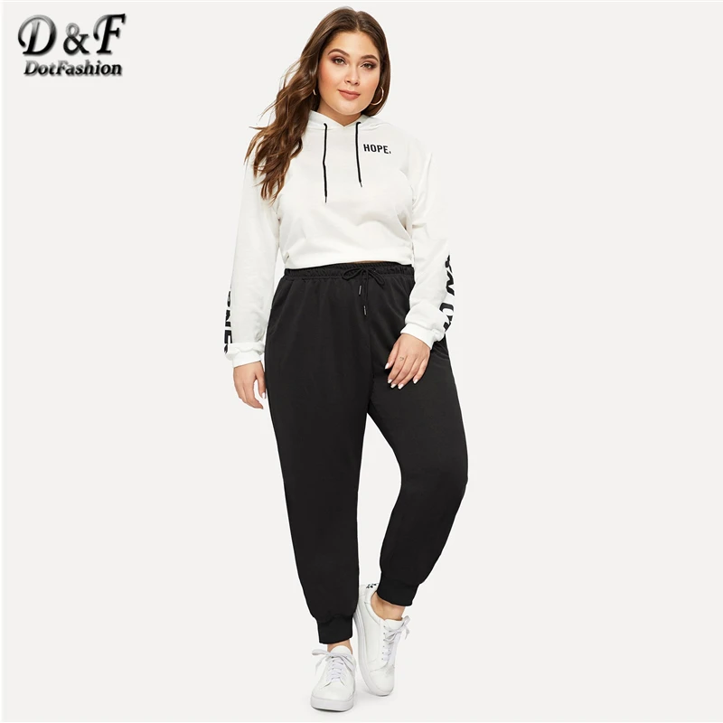 Dotfashion размера плюс черный кулиска на талии однотонные штаны Для женщин Повседневное уличная впитывает пот и Штаны осеннее модное платье с длинными брюками
