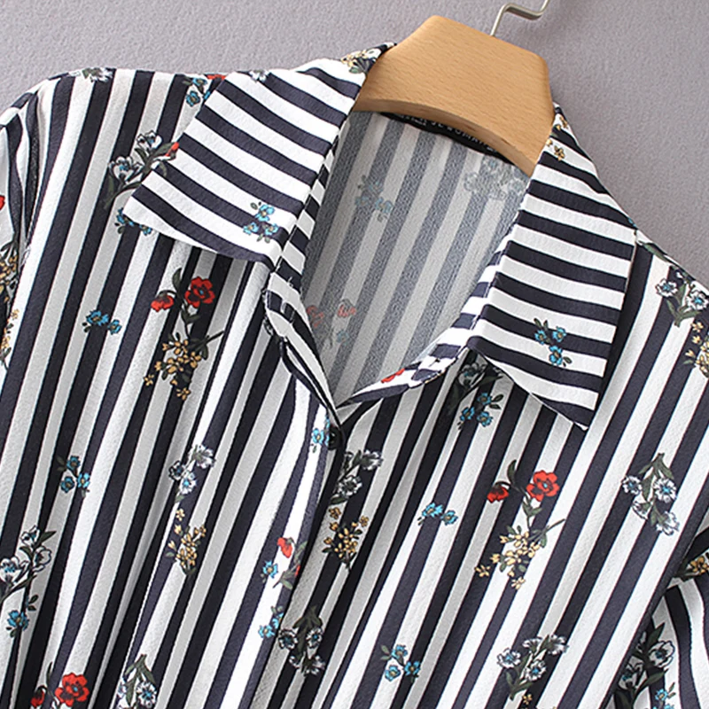 Women shirt style short dress 2019 Flower print stripe spring summer vestidos Belt decoration casual A-line | Женская одежда