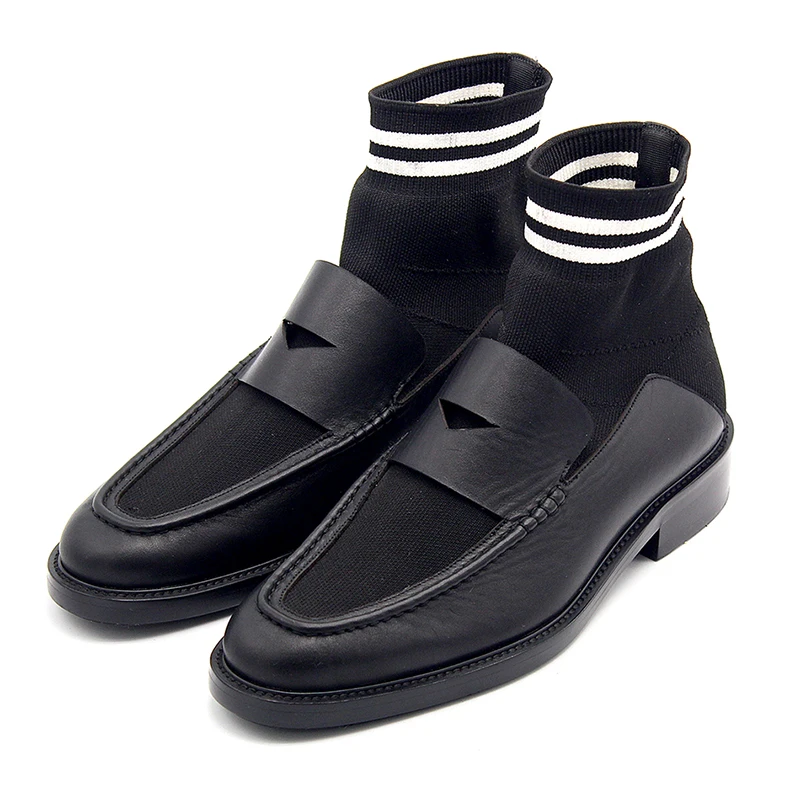

2018 Fall Winter New Short Sock Fabric Strech Full Grain Leather Ladies Martin Boots Women
