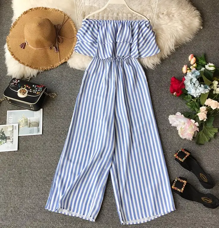 

Women's spring summer sexy off shoulder slash neck jumpsuit female high waist striped wide leg pants overall TB1283