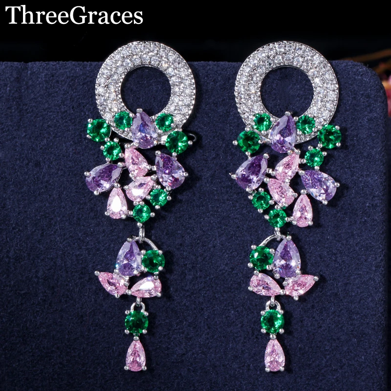 Женские серьги капельки ThreeGraces в виде круглых и длинных листов с фианитом