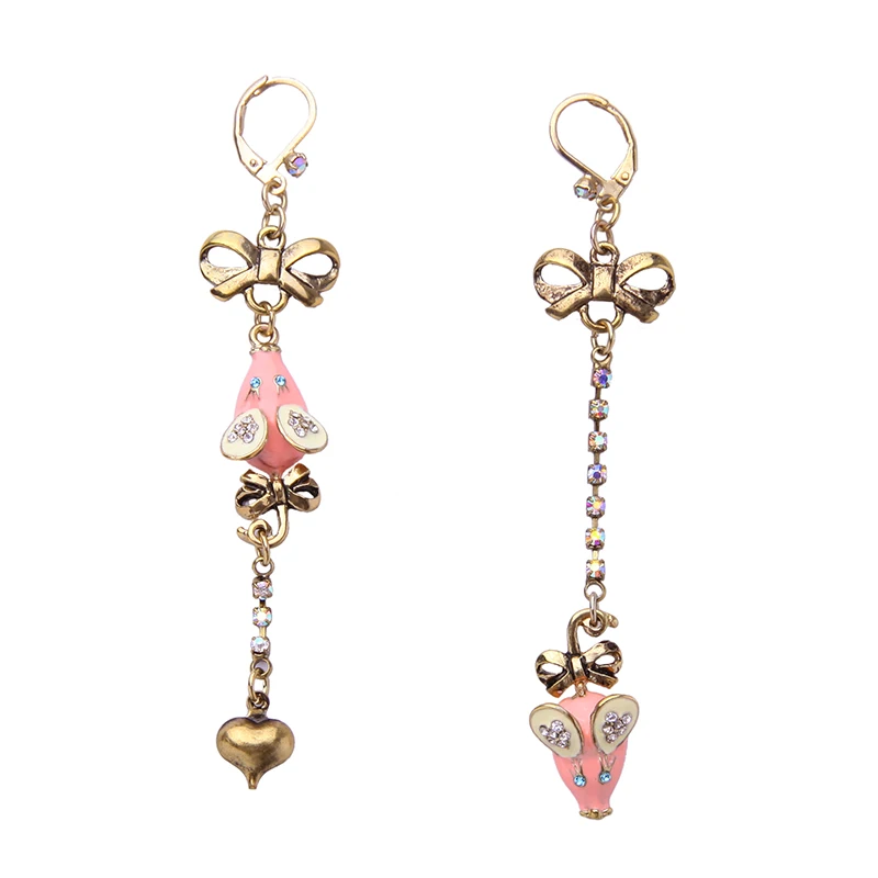 Длинные серьги с розовым и черным камнем в форме мыши для девочек|long drop earrings|long