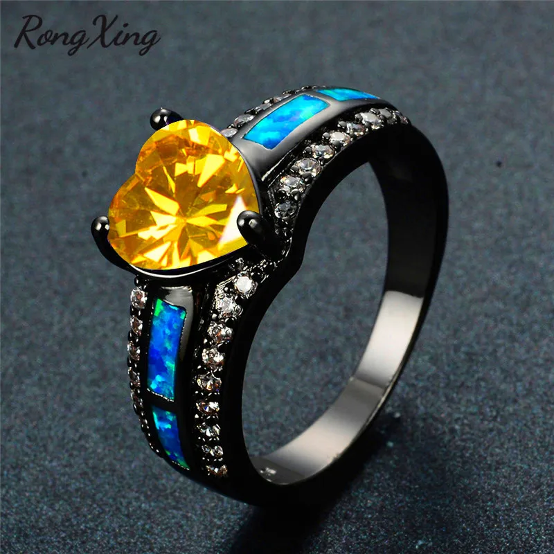 Женские кольца RongXing с желтым сердцем из циркония и голубым огненным опалом