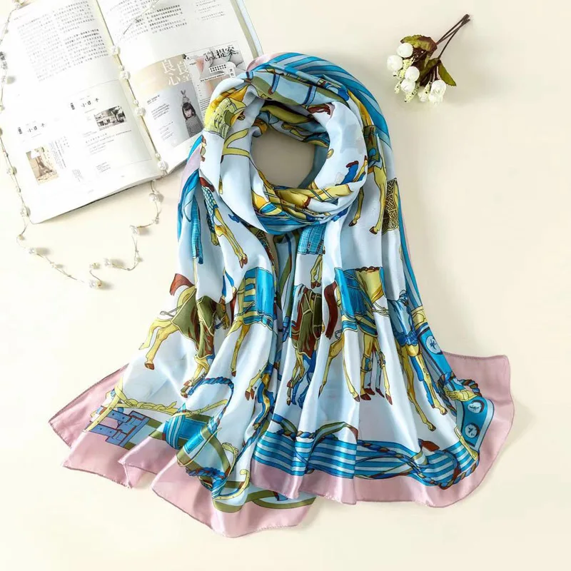 Головной шелковый шарф, женский зимний пляжный бренд, модный принт, хиджаб, шарфы, роскошный бренд, тонкая мягкая шаль, накидка, платок для женщин - Цвет: GH011skyblue