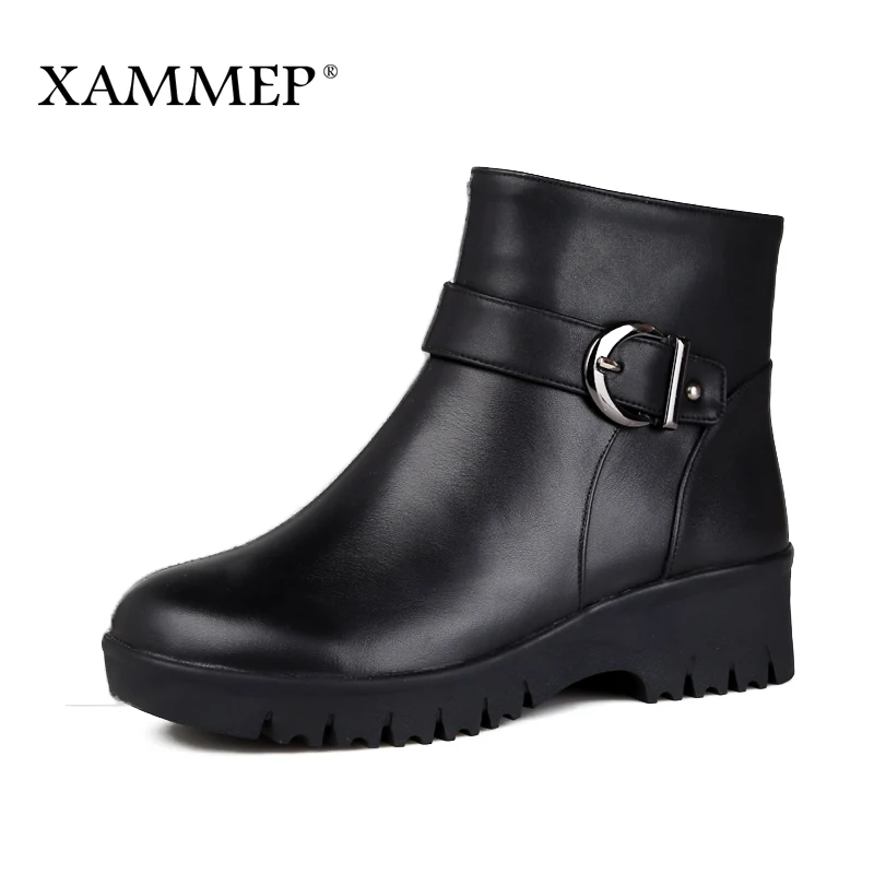 Black Xammep/женская зимняя обувь; натуральная шерсть; сапоги до середины икры из натуральной кожи; женские зимние ботинки; Высококачественная Брендовая женская зимняя обувь - Цвет: Black