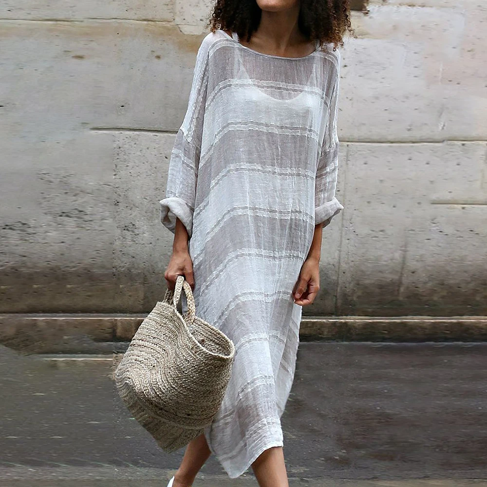 Платье женское повседневное льняное хлопковое с длинным рукавом H30 | Женская