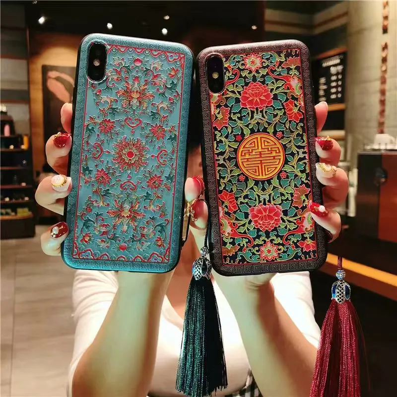 Chinese traditional embroidery craft Phone Case For iPhone 7 8 Plus 3D Relief Flower Soft Back Cover for X 6 6s Pl |