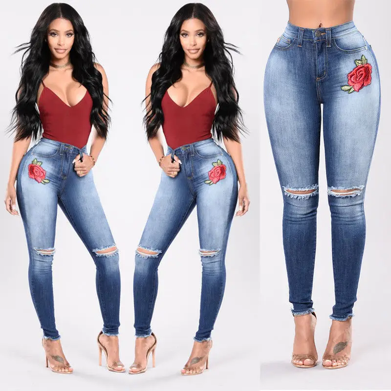

New Fashion Women Skinny Ripped Pants High Waist Stretch Hole Jeans Floral Pencil Denim Trousers