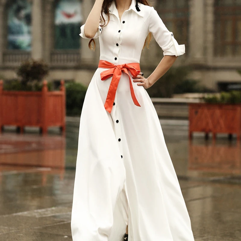 Женские 2017 осенние и зимние модные элегантные длина до пола белое платье с