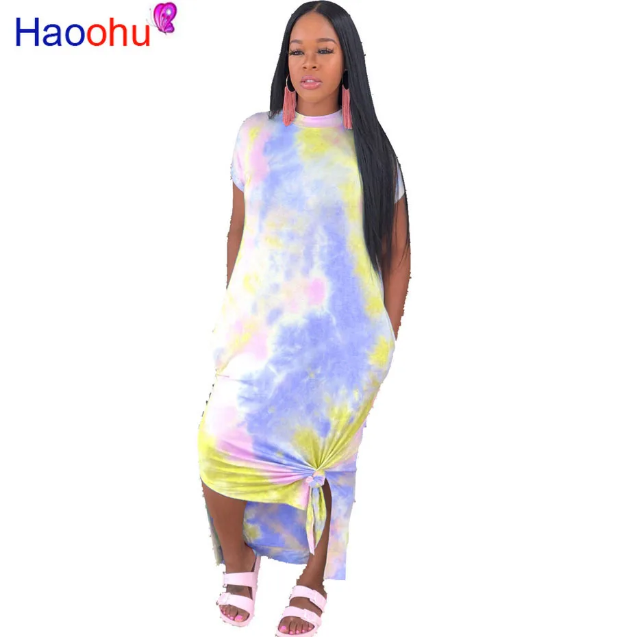 

HAOOHU Tie Dye Sexy Maxi Dress Women Vestidos Plus Size Short Sleeve Club Party Dresses Summer Slit Casual Loose Long Dress