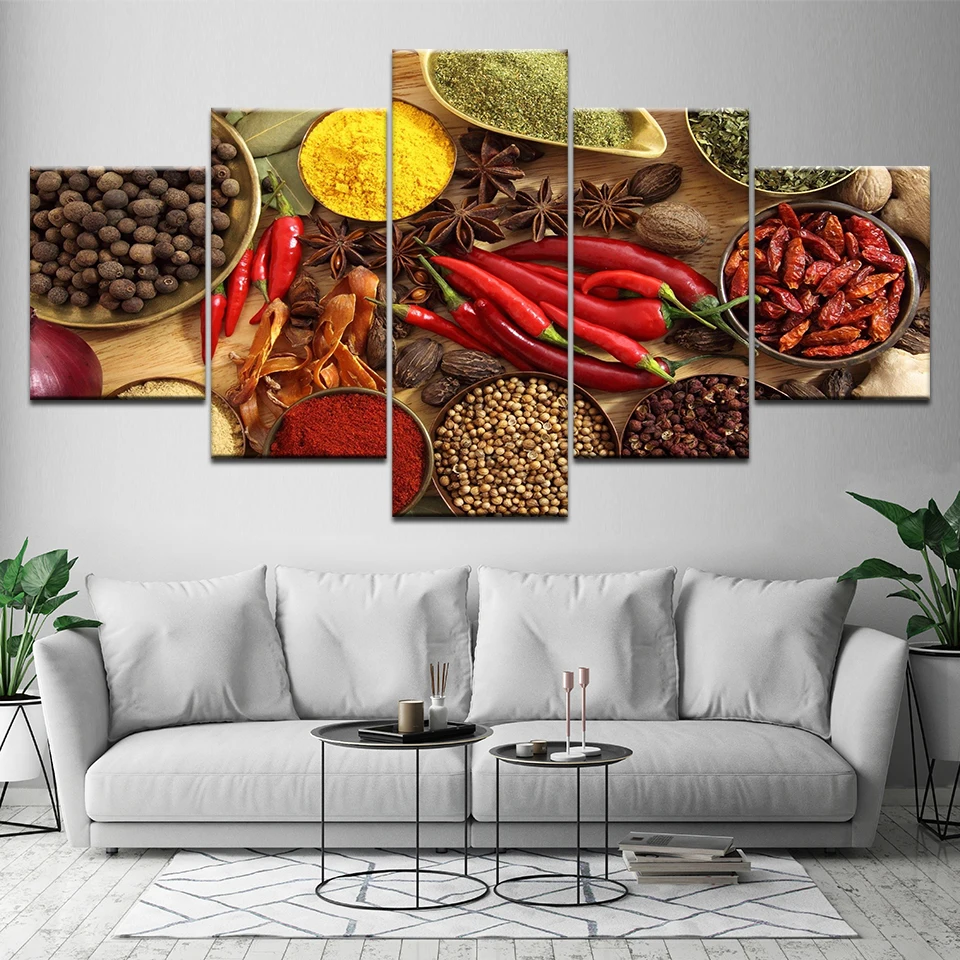 Фото Настенные художественные плакаты с принтом 5 панелей ложка зерна специи перец