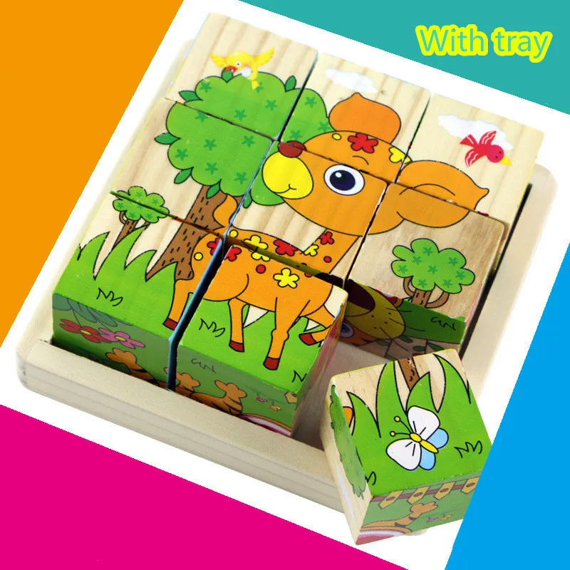 Детские 9 деревянные головоломки с рисунком животных игрушки 3-D строительные