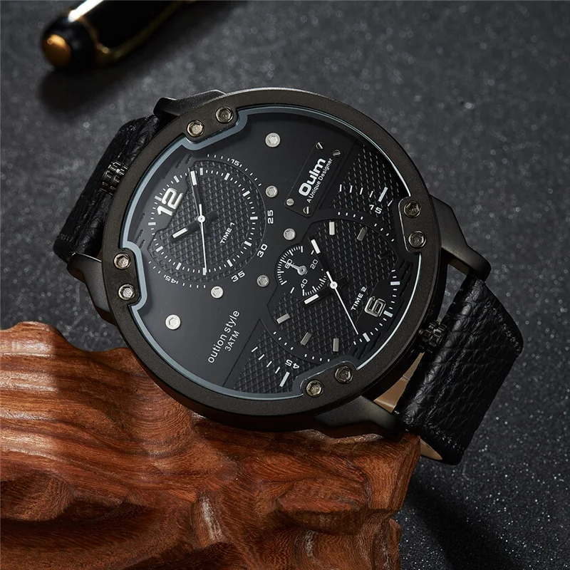 

Oulm 3548 Genuine Leather Wristwatch Big Size Watch Male Military Quartz Watches Dual Time Zone Men's Watches relogio masculino