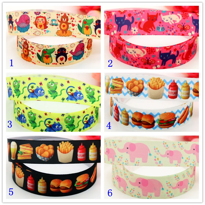 

7/8'' Free shipping animal cat Hamburger elephant printed grosgrain ribbon hairbow headwear party decoration diy 22mm D573