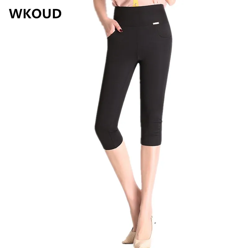 Женские узкие брюки WKOUD Однотонные эластичные Капри с высокой талией летние