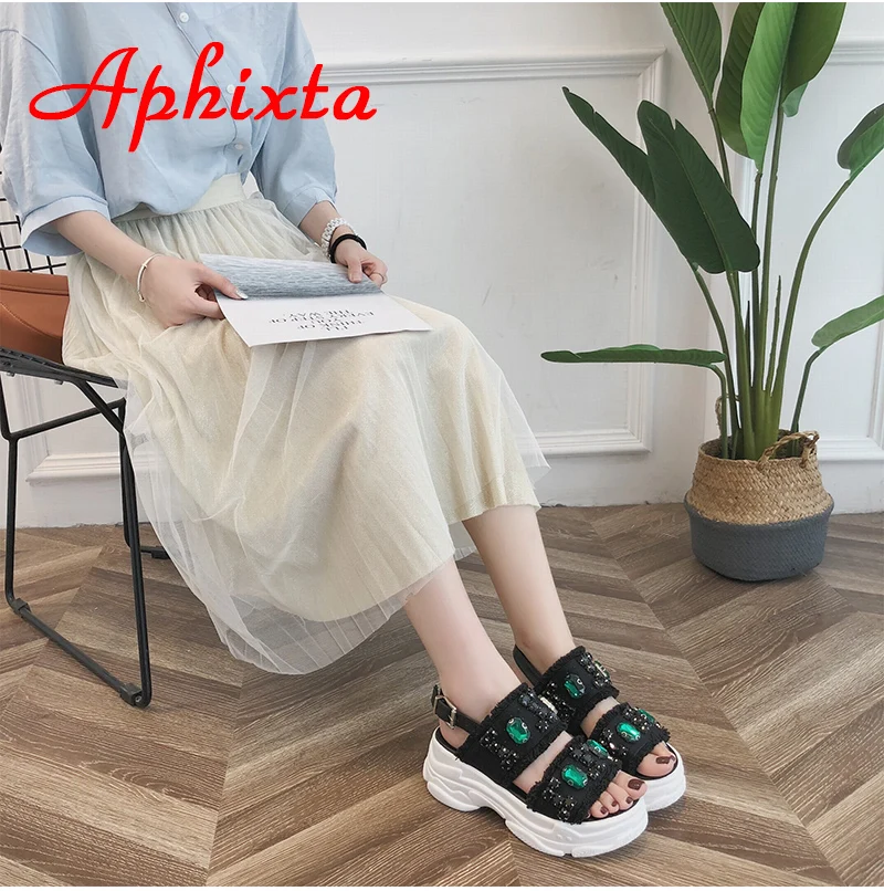Aphixta Туфли на платформе и танкетке для дамские босоножки «Бриллиантовые» туфли Для женщин ткань Стразы с украшением в виде кристаллов Римские сандалии для девочек
