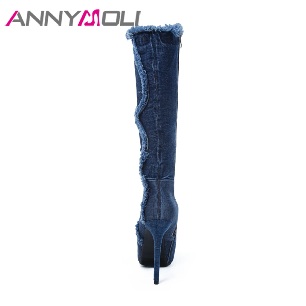 ANNYMOLI/сапоги на платформе и высоком каблуке Зимняя обувь из джинсовой ткани