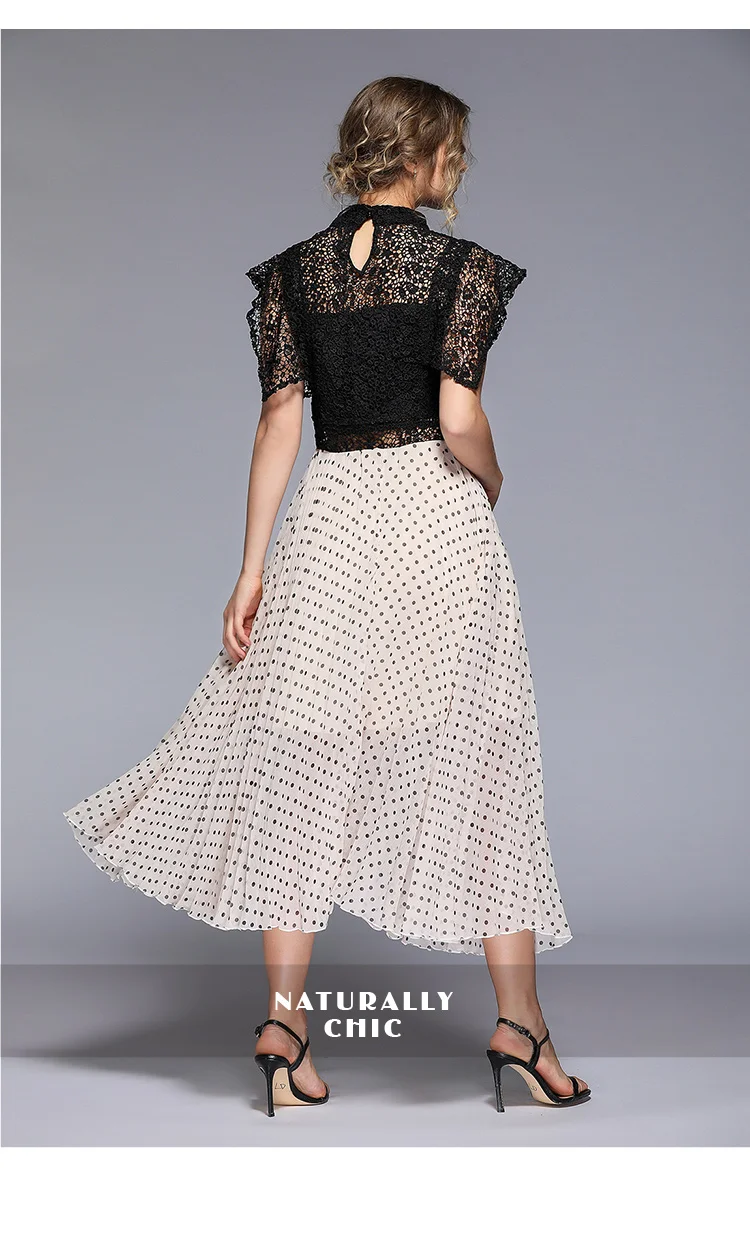 Vestidos женское подиумное сексуальное кружевное лоскутное шифоновое платье летнее с коротким рукавом в горошек элегантное плиссированное платье вечерние длинные платья