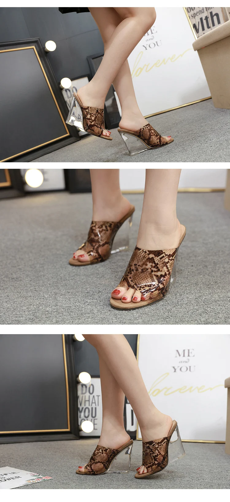 Aneikeh Summer Women's Sexy Slippers Transparent Snake Wedge Slippers Toe Super High Trapezoidal High Heel Shoes Size 35-40