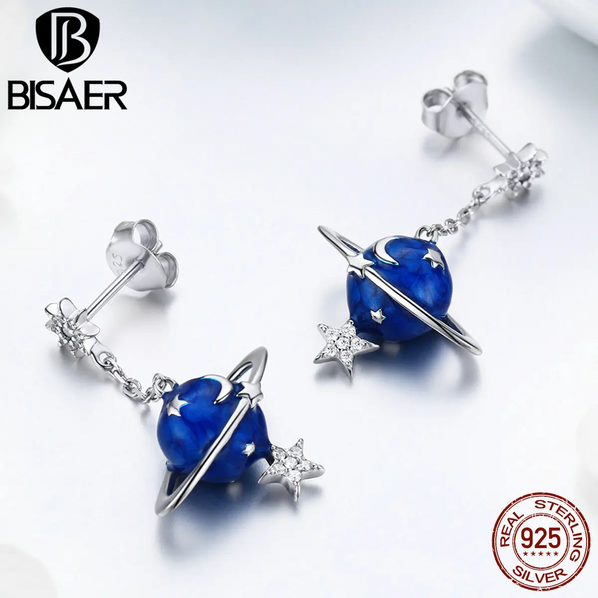 BISAER,, 925 пробы, серебряные серьги-гвоздики с планетой, звездой, луной, для женщин, секретная планета, кубический циркон, серьги, ювелирное изделие EFE016