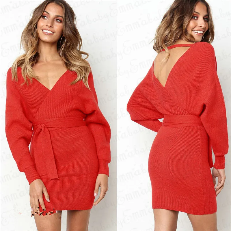 Осенне-зимнее Сексуальное Женское платье с длинным рукавом и v-образным вырезом
