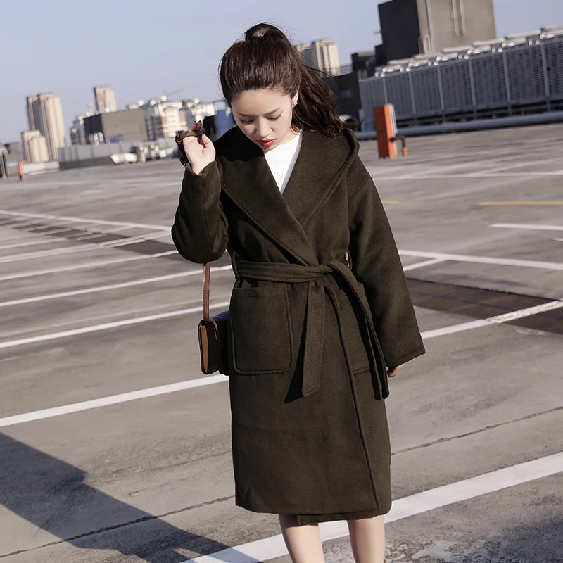 Женское шерстяное пальто с капюшоном зеленое длинное для студенток Осень-зима 2020