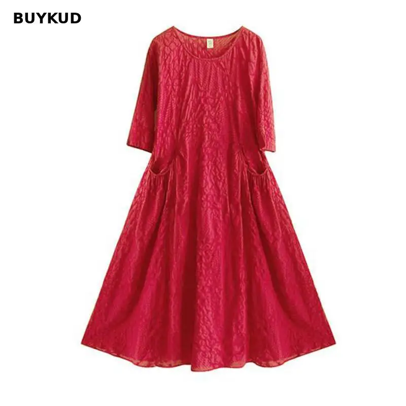 Фото BUYKUD 100% хлопок летнее платье для женщин Prairie Chic Свободные Повседневное красное BUYKUD 100% хлопок летнее платье для женщин Prairie Chic Свободные Повседневное красное