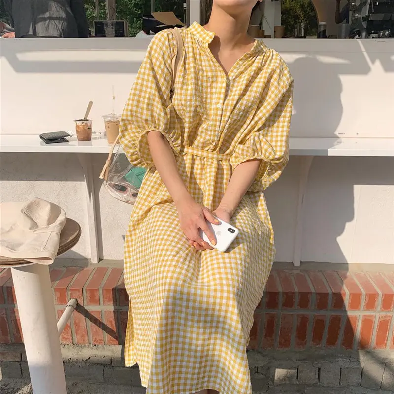 Alien Kitty Chic Summer Plaid Lazy Style Casual Sweet Sunscreen High Quality Lace Up Loose Short Sleeve All-Match Yellow Dress | Женская